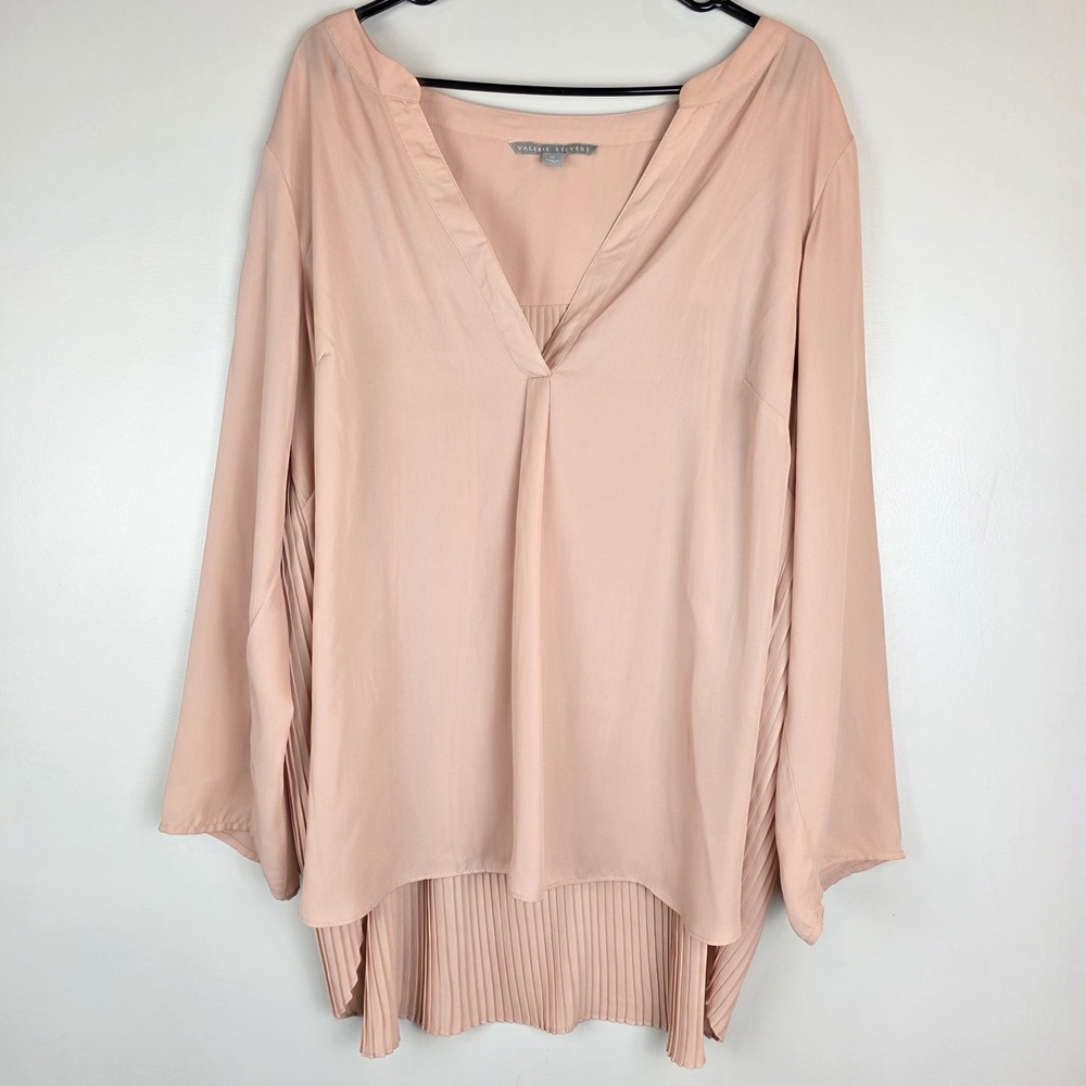 Valerie Stevens Women's Long Sleeve V-Neck Pullover Pleated Blouse Pink 2X.B73‎